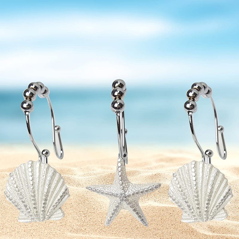 Actpe Starfish & Seashell Stainless Steel Rust Resistant Double Hooks Glide Shower Curtain Ring Hangs Holder for Bathroom Home Decor - Image 3
